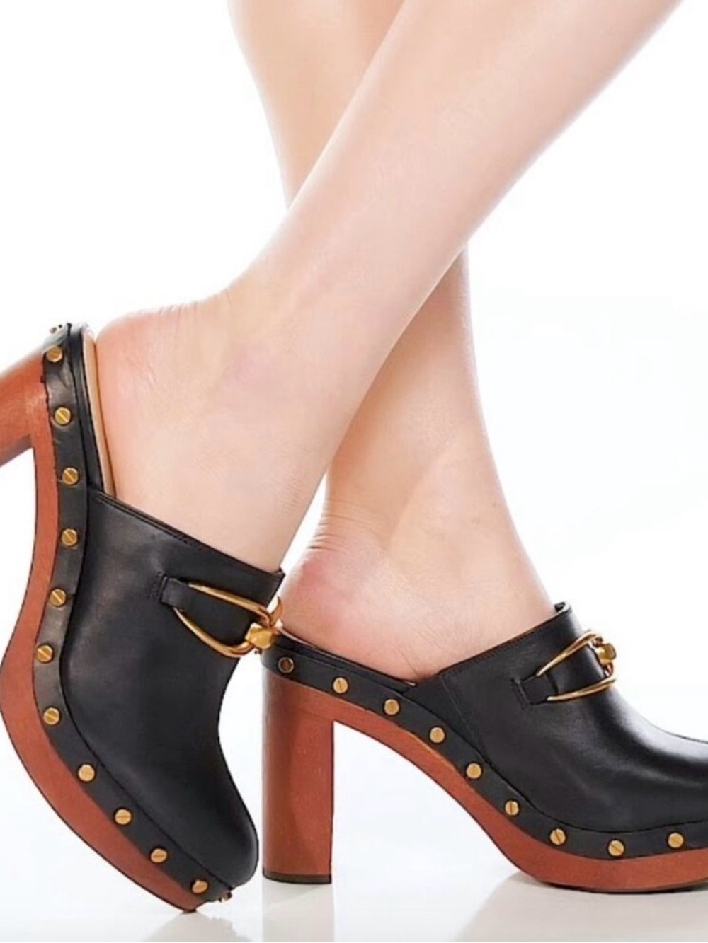 Veronica Beard Black Leather Studded Platform Clog Boots with Gold Hardware